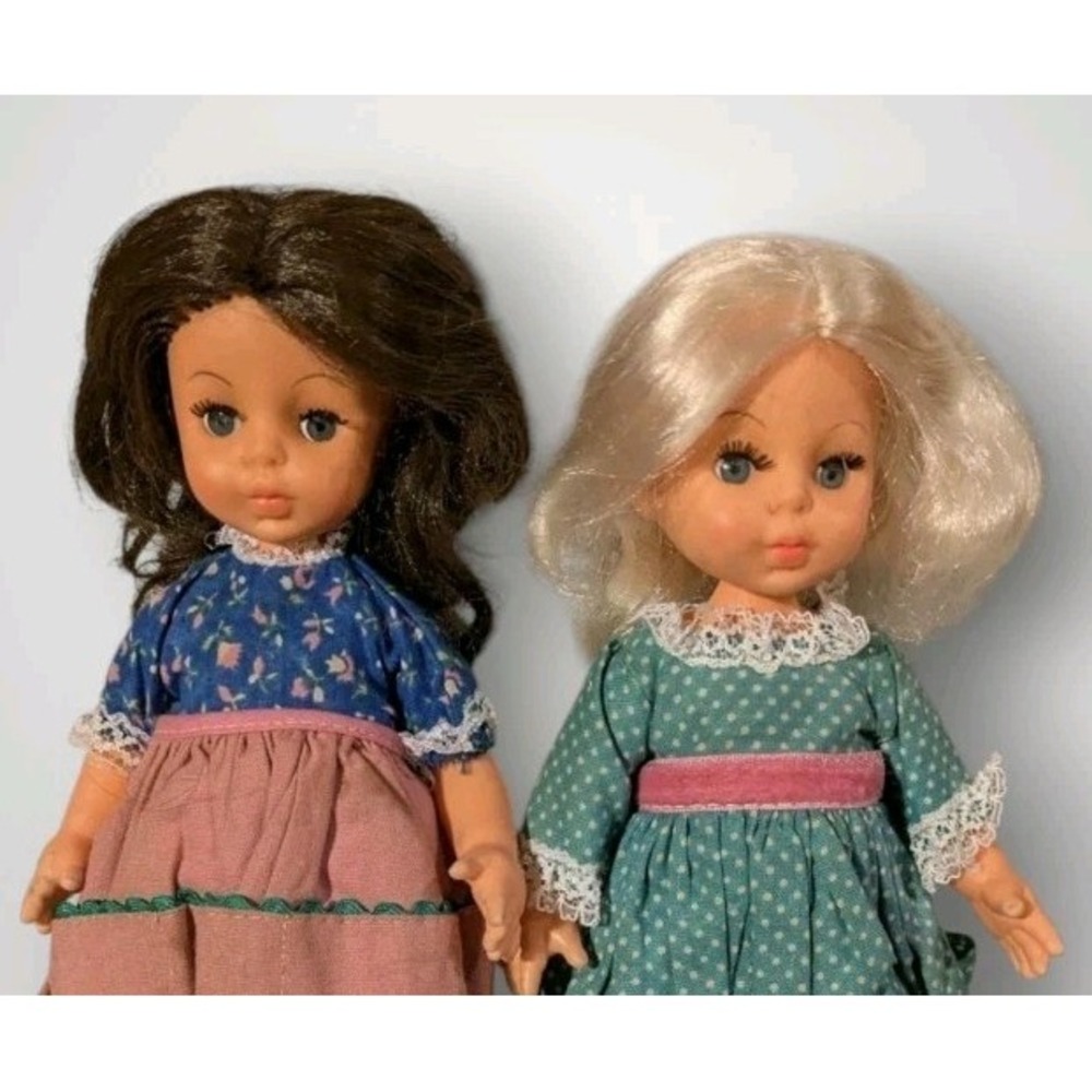 2 Vtg Dolls Rooted Eyelashes Blonde Brunette Hong Kong Cottagecore Lot TLC 9"